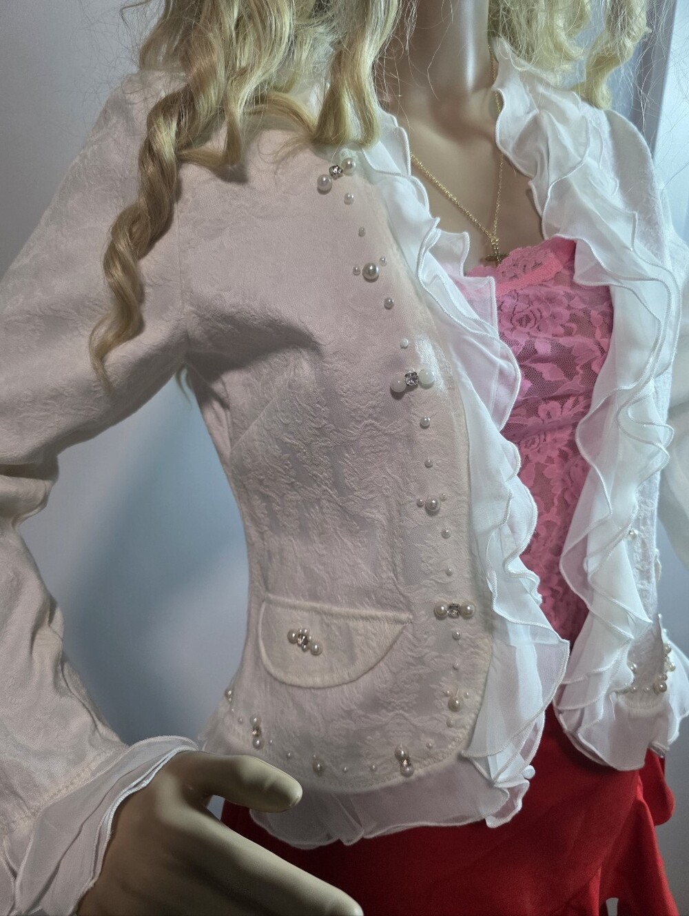 VENUS USA Vintage White Jacquard Ruffle Jacket Pearl & Rhinestone Embellished S